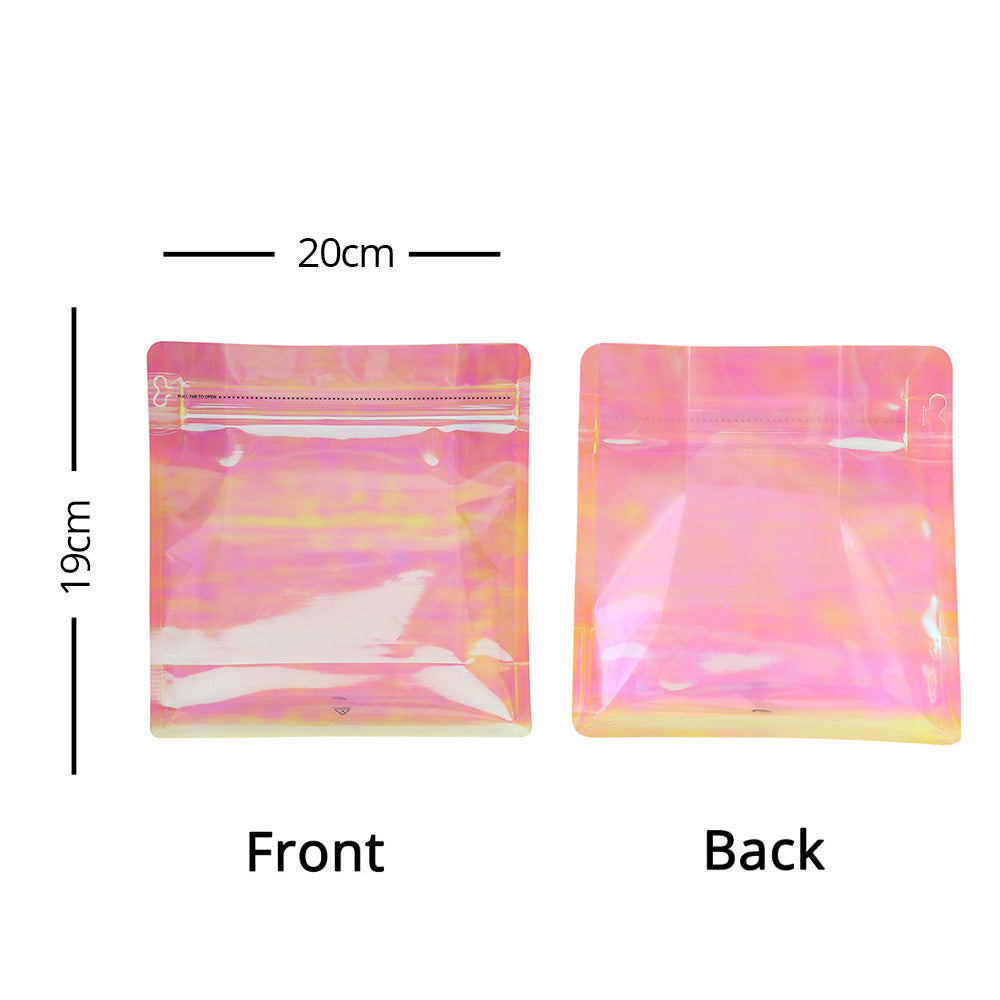Custom Printed Order: Glossy Plastic Holographic Pink Stand Up Gusset Pouch with Pull Tab