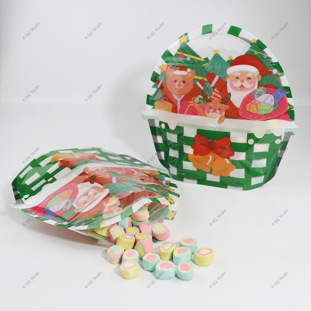 Basket Shape Christmas Stand Up Pouch with Hang Hole and Clear Bottom