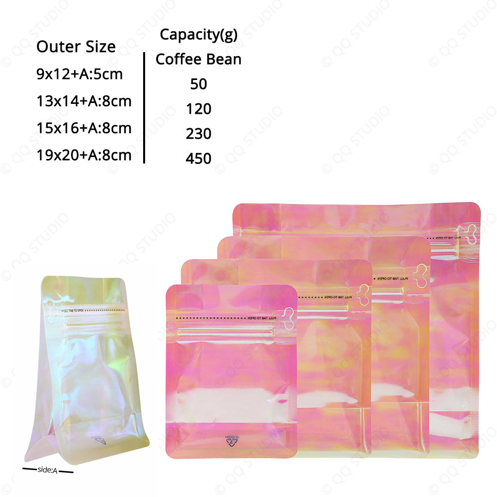 Custom Printed Order: Glossy Plastic Holographic Pink Stand Up Gusset Pouch with Pull Tab