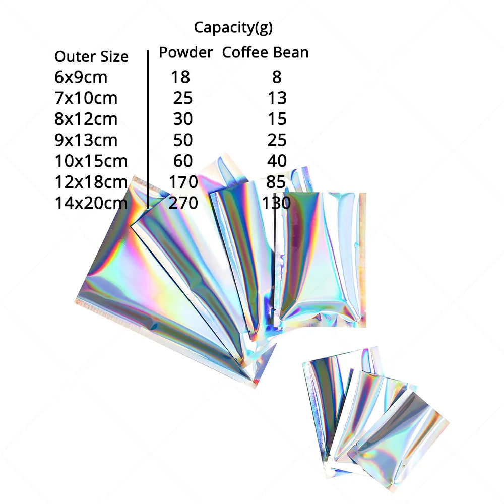 Custom Printed Service: Holographic Silver Three Side Seal Open Top Pouch